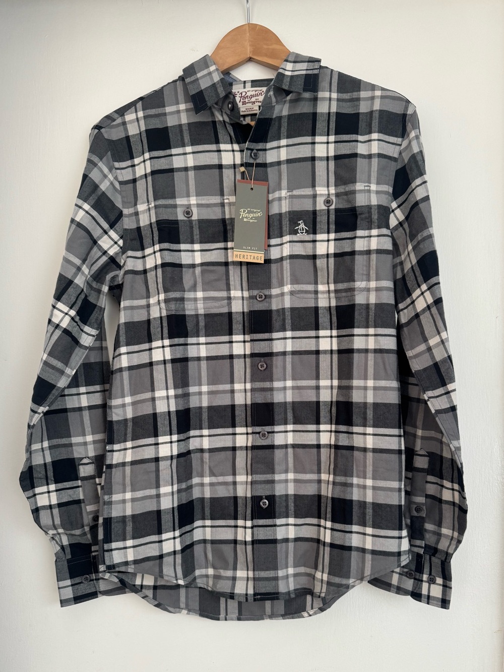 Original Penguin Heritage Slim Fit Black, Gray & White Plaid Button-Down Shirt